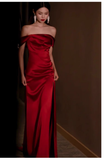 Niulatu Sheath Off The Shoulder Satin Burgundy Slit Long Prom Dresses With Ruffles HZ1110