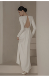 Niulatu Mermaid Scoop White Backless Satin Long Wedding Dresses HZ1110