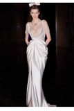 Niulatu Mermaid Straps White Pearls Slit Long Wedding Dresses HZ1110