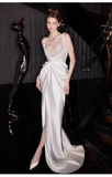 Niulatu Mermaid Straps White Pearls Slit Long Wedding Dresses HZ1110