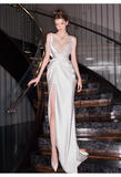 Niulatu Mermaid Straps White Pearls Slit Long Wedding Dresses HZ1110