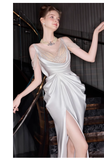 Niulatu Mermaid Straps White Pearls Slit Long Wedding Dresses HZ1110