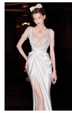 Niulatu Mermaid Straps White Pearls Slit Long Wedding Dresses HZ1110