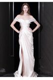 Niulatu Sheath Off The Shoulder Short Sleeves White Satin Long Wedding Dresses HZ1110