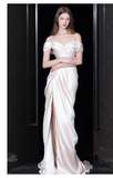 Niulatu Sheath Off The Shoulder Short Sleeves White Satin Long Wedding Dresses HZ1110