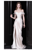 Niulatu Sheath Off The Shoulder Short Sleeves White Satin Long Wedding Dresses HZ1110