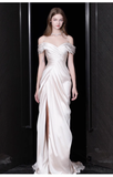 Niulatu Sheath Off The Shoulder Short Sleeves White Satin Long Wedding Dresses HZ1110