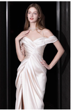 Niulatu Sheath Off The Shoulder Short Sleeves White Satin Long Wedding Dresses HZ1110