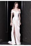 Niulatu Sheath Off The Shoulder Short Sleeves White Satin Long Wedding Dresses HZ1110