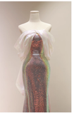 Niulatu Sheath Strapless Sequin Long Prom Dresses With Sleeves HZ1110