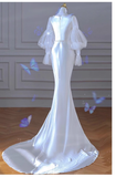 Niulatu Mermaid U Neckline Long Sleeves Satin Long Wedding Dresses With Pearls HZ1110