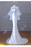Niulatu Mermaid U Neckline Long Sleeves Satin Long Wedding Dresses With Pearls HZ1110