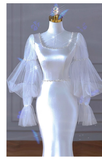 Niulatu Mermaid U Neckline Long Sleeves Satin Long Wedding Dresses With Pearls HZ1110