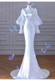 Niulatu Mermaid U Neckline Long Sleeves Satin Long Wedding Dresses With Pearls HZ1110