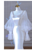Niulatu Mermaid U Neckline Long Sleeves Satin Long Wedding Dresses With Pearls HZ1110