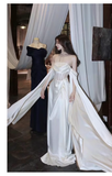 Niulatu A line Off The Shoulder Long Sleeves Satin Long Wedding Dresses With Cape HZ1110
