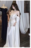 Niulatu A line Off The Shoulder Long Sleeves Satin Long Wedding Dresses With Cape HZ1110