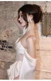 Niulatu A line Off The Shoulder Long Sleeves Satin Long Wedding Dresses With Cape HZ1110