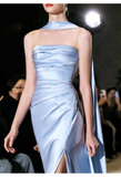 Niulatu Sheath Scoop Neckline Satin Blue Slit Long Prom Dresses With Ribbon HZ1110