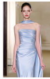 Niulatu Sheath Scoop Neckline Satin Blue Slit Long Prom Dresses With Ribbon HZ1110