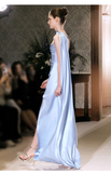Niulatu Sheath Scoop Neckline Satin Blue Slit Long Prom Dresses With Ribbon HZ1110