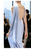 Niulatu Sheath Scoop Neckline Satin Blue Slit Long Prom Dresses With Ribbon HZ1110