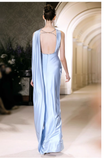 Niulatu Sheath Scoop Neckline Satin Blue Slit Long Prom Dresses With Ribbon HZ1110