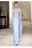 Niulatu Sheath Scoop Neckline Satin Blue Slit Long Prom Dresses With Ribbon HZ1110