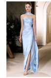 Niulatu Sheath Scoop Neckline Satin Blue Slit Long Prom Dresses With Ribbon HZ1110