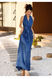 Niulatu Sheath High Neckline Satin Royal Blue Long Prom Dresses HZ1110
