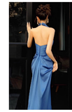 Niulatu Sheath High Neckline Satin Royal Blue Long Prom Dresses HZ1110