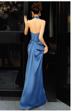 Niulatu Sheath High Neckline Satin Royal Blue Long Prom Dresses HZ1110