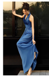 Niulatu Sheath High Neckline Satin Royal Blue Long Prom Dresses HZ1110