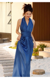 Niulatu Sheath High Neckline Satin Royal Blue Long Prom Dresses HZ1110