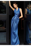 Niulatu Sheath High Neckline Satin Royal Blue Long Prom Dresses HZ1110