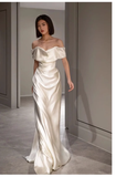 Niulatu Sheath Off The Shoulder Short Sleeves Satin Long Wedding Dresses With Ruffles HZ1110
