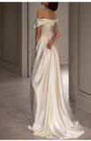 Niulatu Sheath Off The Shoulder Short Sleeves Satin Long Wedding Dresses With Ruffles HZ1110