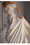 Niulatu Sheath Off The Shoulder Short Sleeves Satin Long Wedding Dresses With Ruffles HZ1110