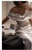 Niulatu Sheath Off The Shoulder Short Sleeves Satin Long Wedding Dresses With Ruffles HZ1110