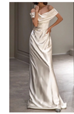 Niulatu Sheath Off The Shoulder Short Sleeves Satin Long Wedding Dresses With Ruffles HZ1110