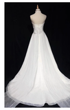 Niulatu A line High Neckline Backless Satin Long Wedding Dresses With Ruffles HZ1110