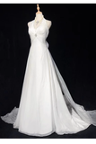 Niulatu A line High Neckline Backless Satin Long Wedding Dresses With Ruffles HZ1110