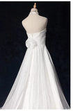Niulatu A line High Neckline Backless Satin Long Wedding Dresses With Ruffles HZ1110