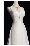 Niulatu A line High Neckline Backless Satin Long Wedding Dresses With Ruffles HZ1110