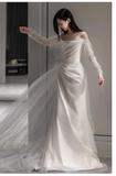 Niulatu A line Strapless Satin Long Wedding Dresses With Ruffles HZ1110