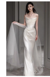 Niulatu A line Strapless Satin Long Wedding Dresses With Ruffles HZ1110