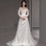 Niulatu A line Strapless Satin Long Wedding Dresses With Ruffles HZ1110