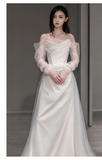 Niulatu A line Strapless Satin Long Wedding Dresses With Ruffles HZ1110