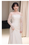Niulatu Sheath Off The Shoulder Long Sleeves Satin Long Wedding Dresses With Lace HZ1110