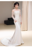 Niulatu Sheath Off The Shoulder Long Sleeves Satin Long Wedding Dresses With Lace HZ1110